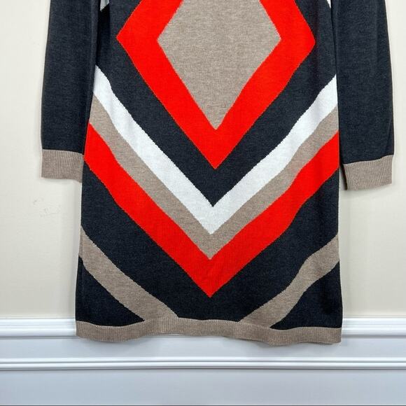 Eliza J dress geometric gray tan red white chevron colorblock rib knit midi M - Picture 4 of 7